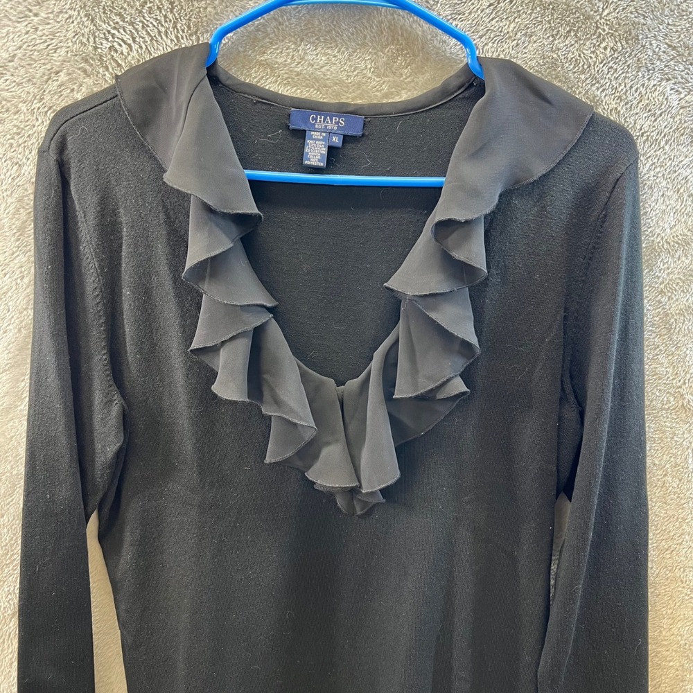 Chaps Womens XL Black Silk Blend Ruffle Sweater Coquette Dark‎ Academia